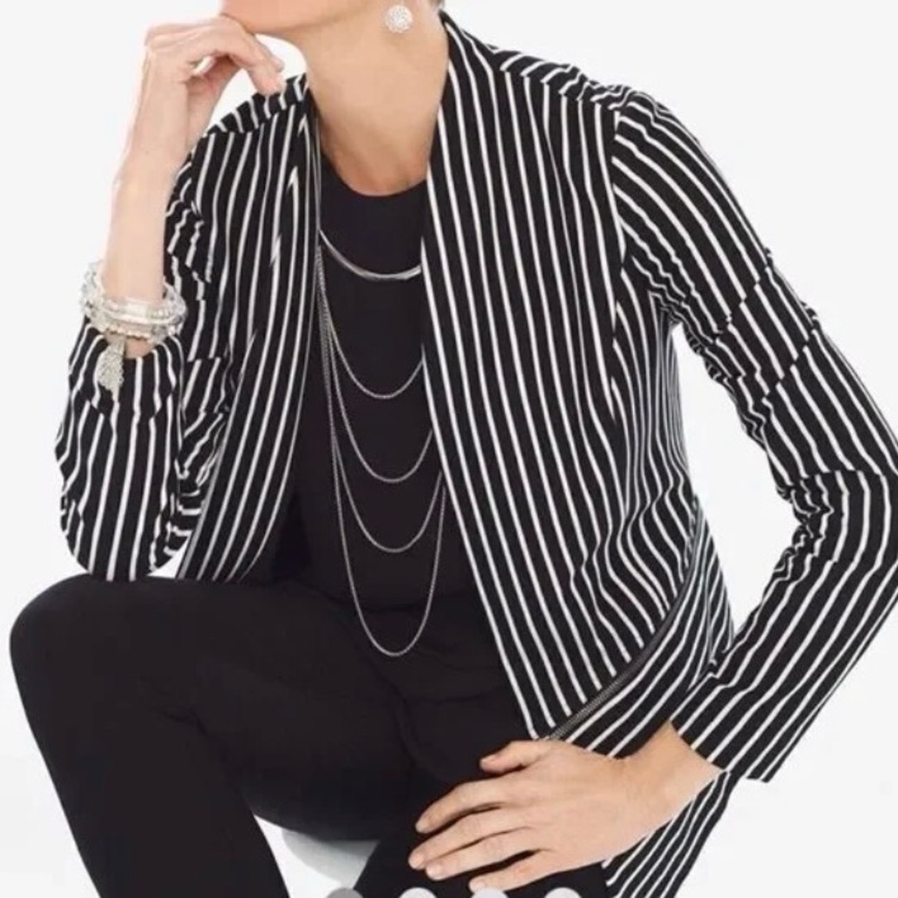 Chico's Black and White Striped Knit Open Convertible Blazer size 2